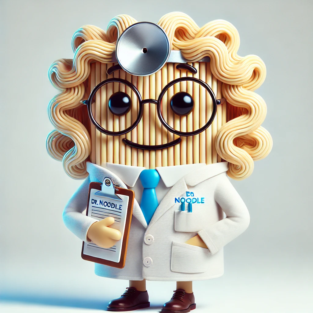 Cartoon illustration of Dr. Noodle S. Noodle, a whimsical character with a noodle-shaped head wearing glasses and a lab coat, holding a clipboard, set against a plain white background.